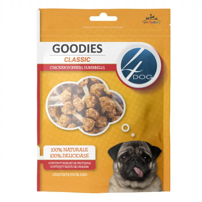 Recompense pentru caini Goodies Classic Chicken Poppers Dumbbells 100 gr