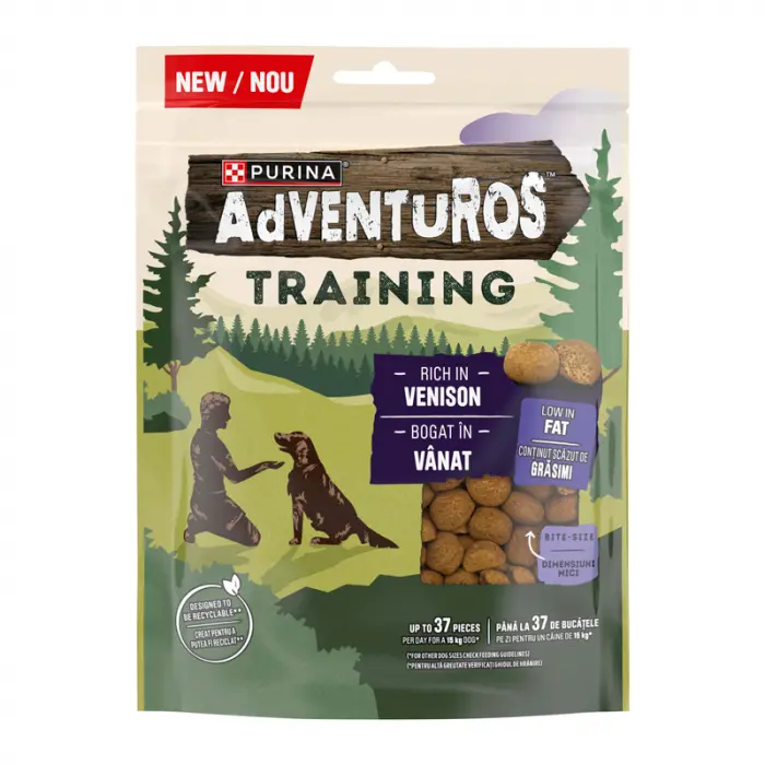 Recompense pentru caini Purina Adventuros Training cu vanat 115 gr