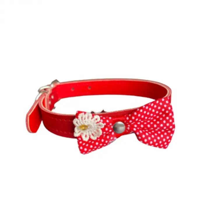 Zgarda Din Piele Naturala Rosie 15 Mm X 37 Cm , Cu Funda Si Floare