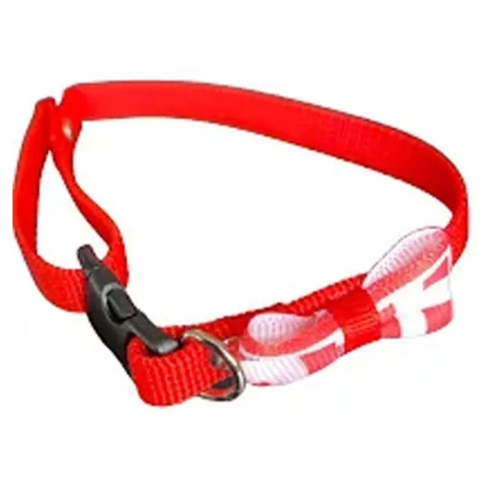 Zgarda pentru pisici reglabila din chinga rosie cu funda in carouri 10 mm x 37 cm