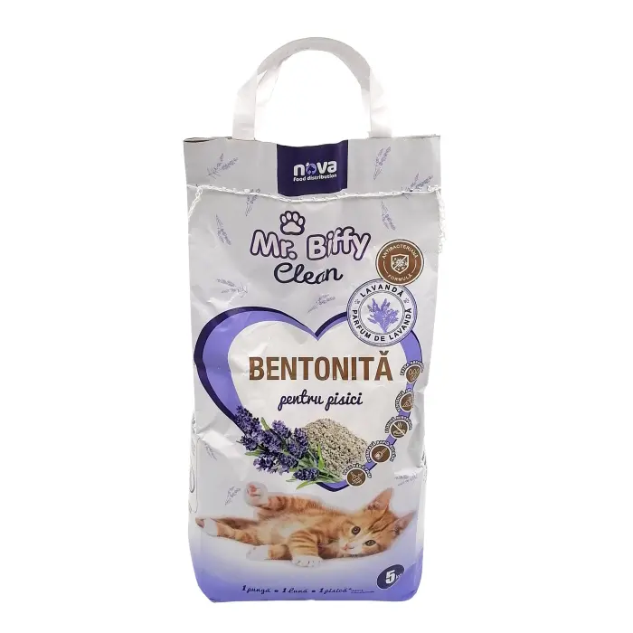 Asternut igienic pentru pisici Mr. Biffy, Bentonita naturala, Lavanda, 5kg