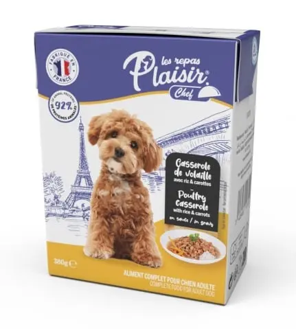 Hrana umeda pentru caini Plaisir Chef, File cu pasare, orez si morcovi, 380g