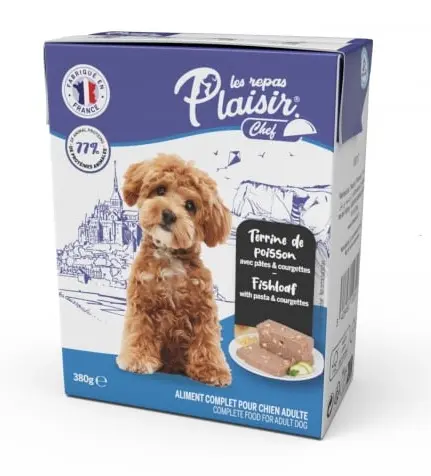 Hrana umeda pentru caini Plaisir Chef, Pate cu peste, paste si dovlecei, 380g
