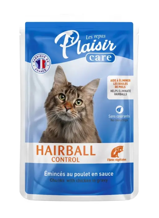 Hrana umeda pentru pisici Plaisir Hairball Control, Pui, 85g