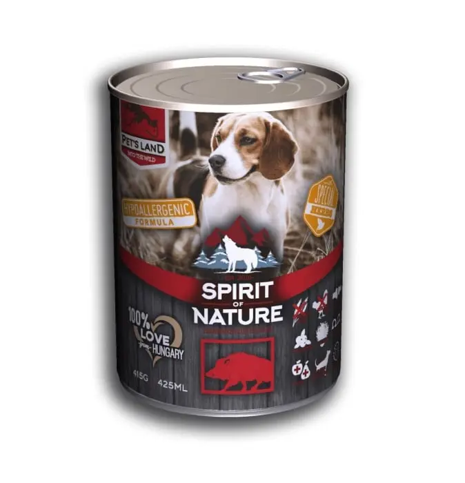 Hrana umeda pentru caini Spirit of Nature, Mistret, Hipoalergenic, 75% carne, 415g