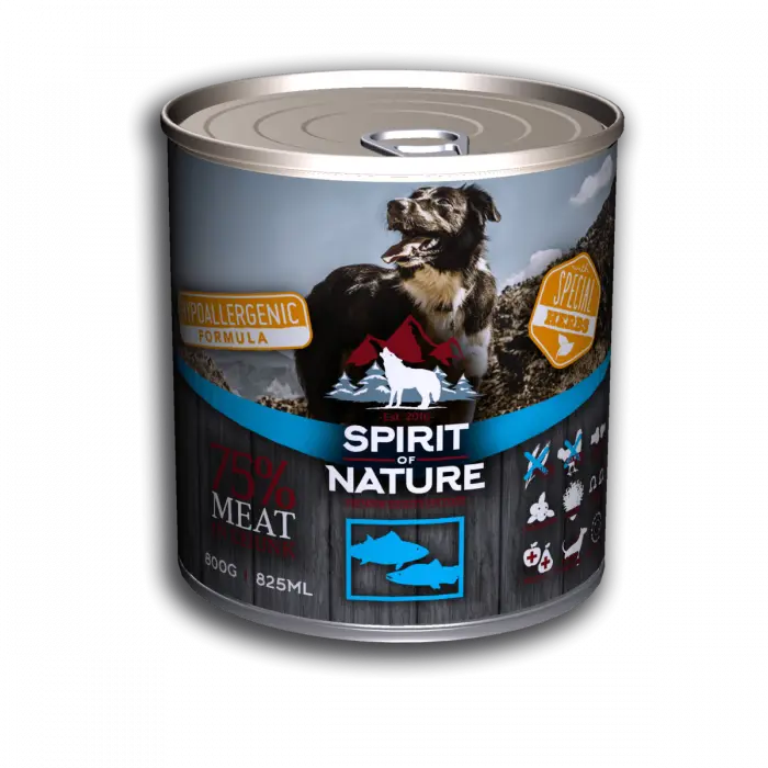 Hrana umeda pentru caini Spirit of Nature, Somon si ton, Hipoalergenic, 800g