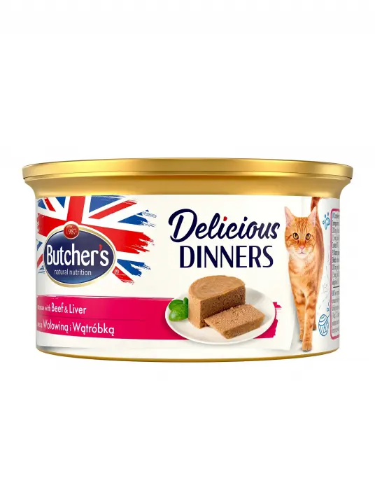 Hrana umeda pentru pisici Butcher s Delicious Dinner, Mousse cu vita si ficat, 85g