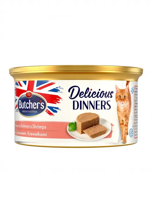 Hrana umeda pentru pisici Butcher s Delicious Dinner, Mousse cu somon si creveti, 85g