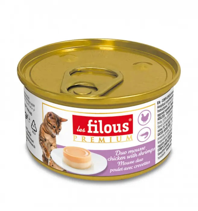 Hrana umeda pentru pisici Les Filous, Mousse de pui si creveti, 85g