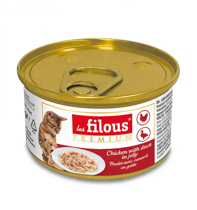 Hrana umeda pentru pisici Les Filous, File de pui si rata in jeleu, 85g