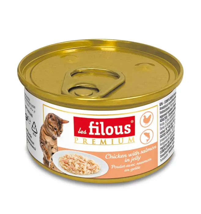Hrana umeda pentru pisici Les Filous, File de pui si somon in jeleu, 85g