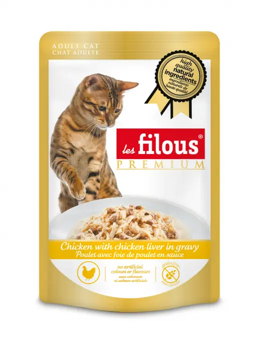 Hrana umeda pentru pisici Les Filous, Pui si ficat de pui in sos, 80g