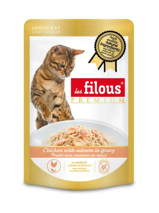 Hrana umeda pentru pisici Les Filous, Pui si somon in sos, 6 x 80g