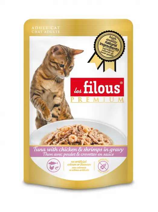 Hrana umeda pentru pisici Les Filous, Ton, pui si creveti in sos, 6 x 80g