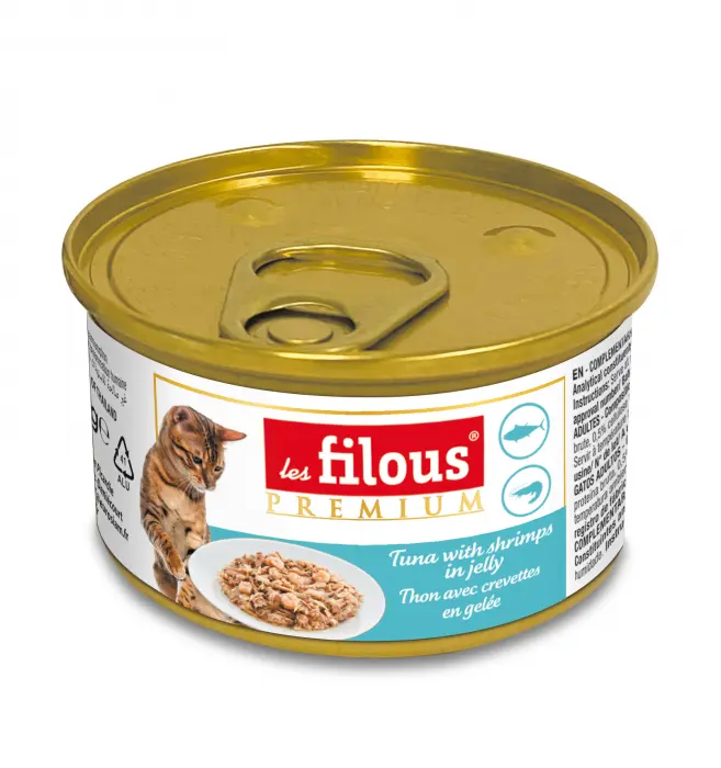 Hrana umeda pentru pisici Les Filous, Ton si creveti in jeleu, 6 x 85g
