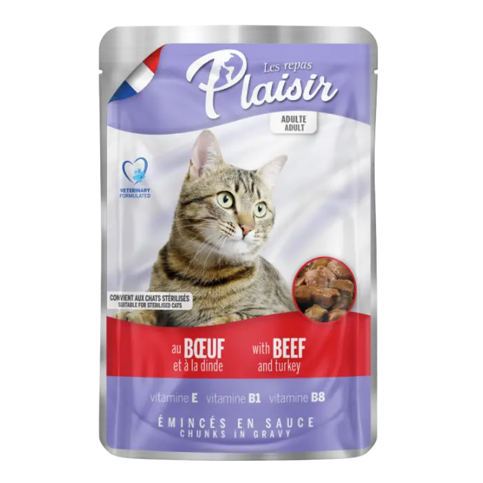 Hrana umeda pentru pisici Plaisir, Sterilizat, Vita si curcan, 22 x 100g