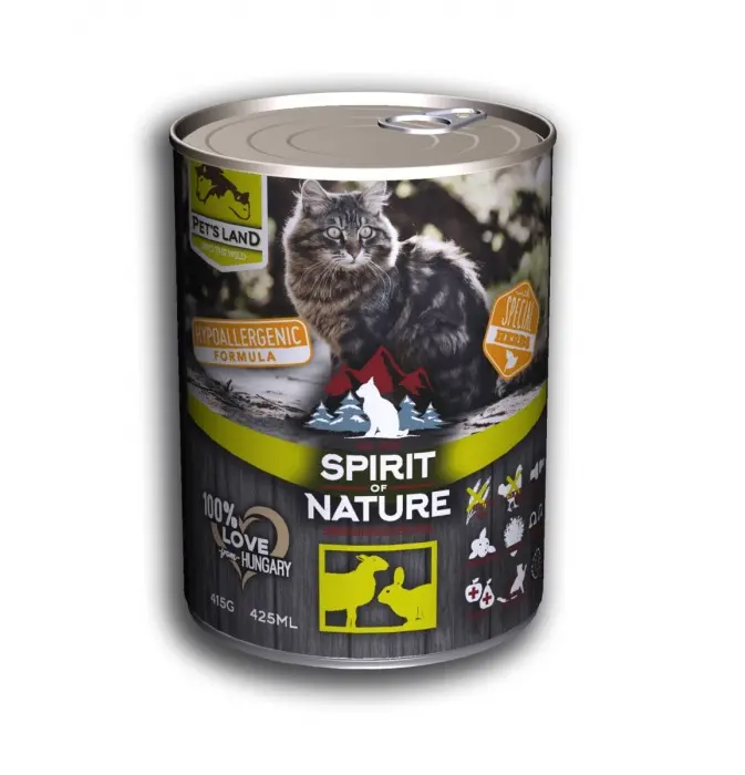 Hrana umeda pentru pisici Spirit of Nature, Miel si iepure, Hipoalergenic, 75% carne, 415g