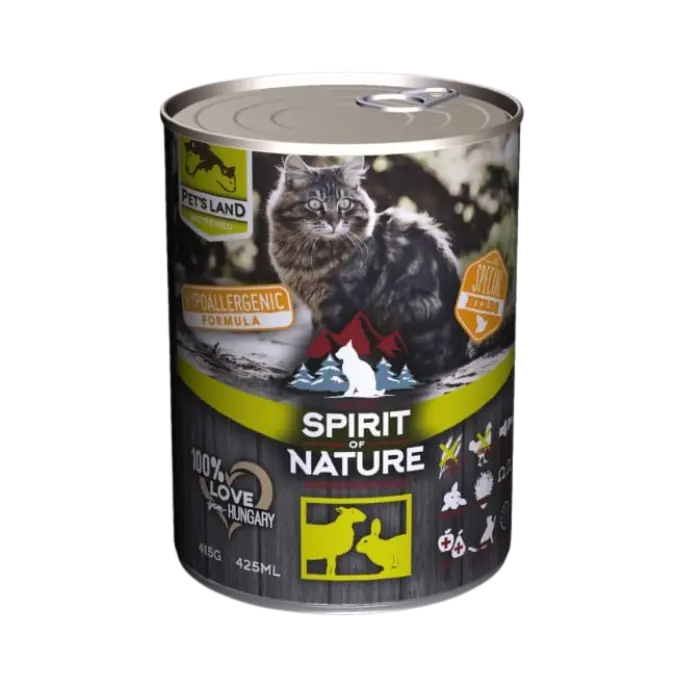 Hrana umeda pentru pisici Spirit of Nature, Miel si iepure, Hipoalergenic, 75% carne, 6 x 415g