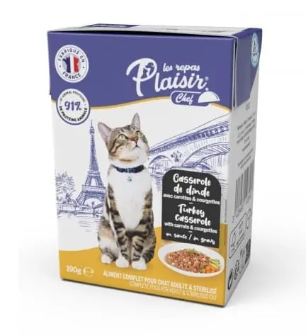 Hrana umeda pentru pisici sterilizate Plaisir Chef, File cu curcan si morcovi, 190g