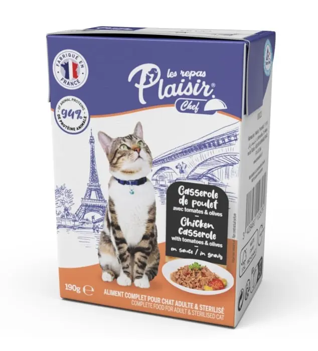 Hrana umeda pentru pisici sterilizate Plaisir Chef, File cu pui, rosii si masline, 16 x 190g