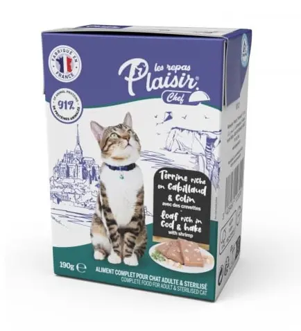 Hrana umeda pentru pisici sterilizate Plaisir Chef, Pate cu cod si merluciu si creveti, 16 x 190g