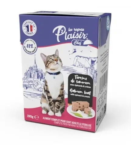 Hrana umeda pentru pisici sterilizate Plaisir Chef, Pate cu somon si spanac, 190g