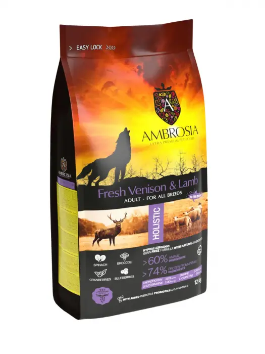 Hrana uscata pentru caini Ambrosia Adult, Vanat si miel, hipoalergenic, fara cereale, 12kg