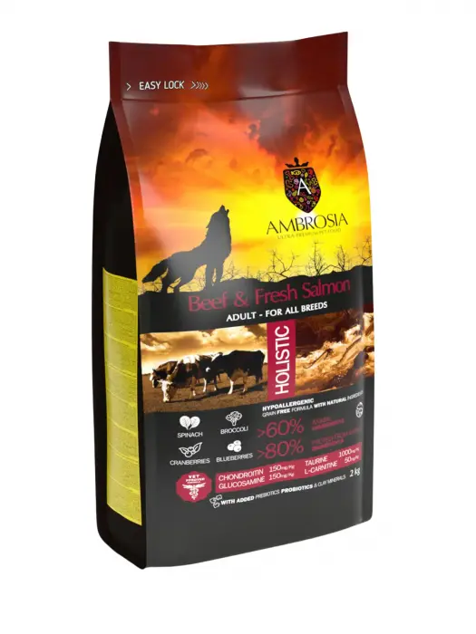 Hrana uscata pentru caini Ambrosia Adult, Vita si somon, hipoalergenic, fara cereale, 2kg