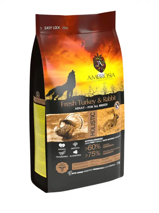 Hrana uscata pentru caini Ambrosia Adult, Curcan si iepure, hipoalergenic, fara cereale, 2kg