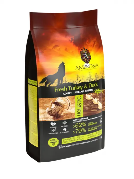 Hrana uscata pentru caini Ambrosia Adult, Curcan si rata, hipoalergenic, fara cereale, 12kg