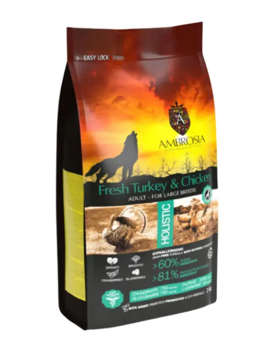 Hrana uscata pentru caini Ambrosia Adult, Curcan proaspat si pui, hipoalergenic, fara cereale, 12kg