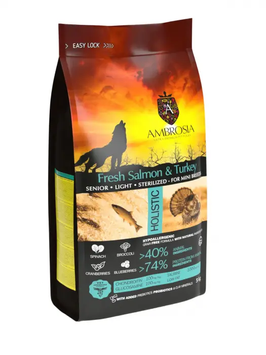 Hrana uscata pentru caini Ambrosia Adult Mini Senior Steril, Somon si curcan, hipoalergenic, fara cereale, 5kg