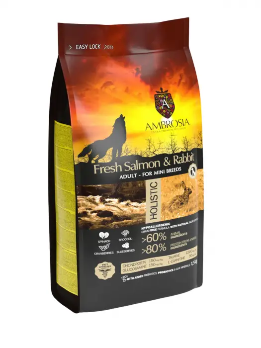 Hrana uscata pentru caini Ambrosia Adult Mini, Somon si iepure, hipoalergenic, fara cereale, 5kg