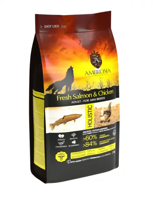 Hrana uscata pentru caini Ambrosia Adult Mini, Somon si pui, hipoalergenic, fara cereale, 6kg