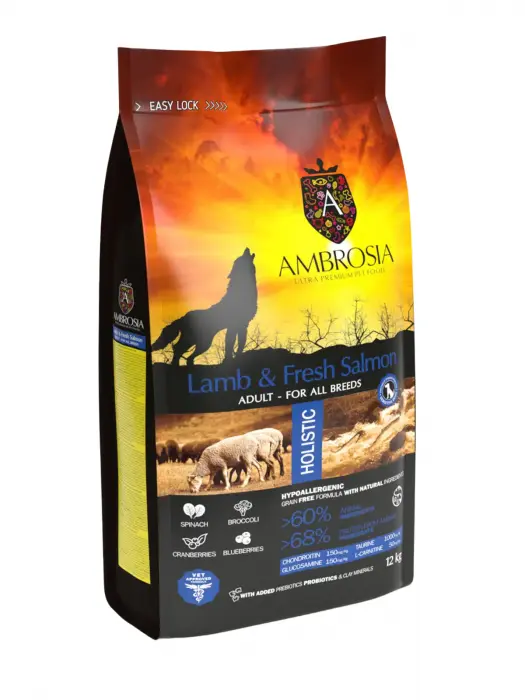 Hrana uscata pentru caini Ambrosia Adult, Miel si somon proaspat, hipoalergenic, fara cereale, 2kg