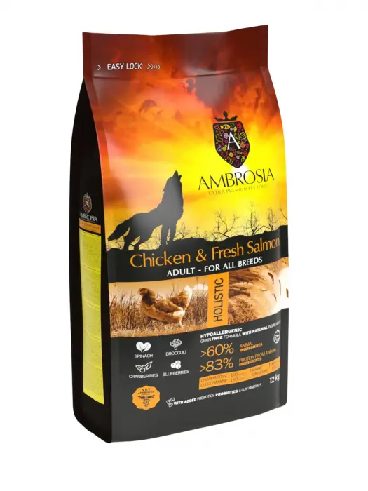 Hrana uscata pentru caini Ambrosia Adult, Pui si somon, hipoalergenic, fara cereale, 12kg
