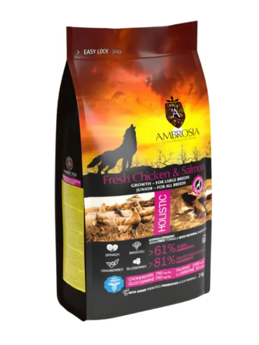 Hrana uscata pentru caini Ambrosia Junior, Pui proaspat si somon, hipoalergenic, fara cereale, 12kg