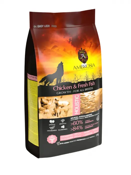 Hrana uscata pentru caini Ambrosia Junior, Pui si peste, hipoalergenic, fara cereale, 6kg