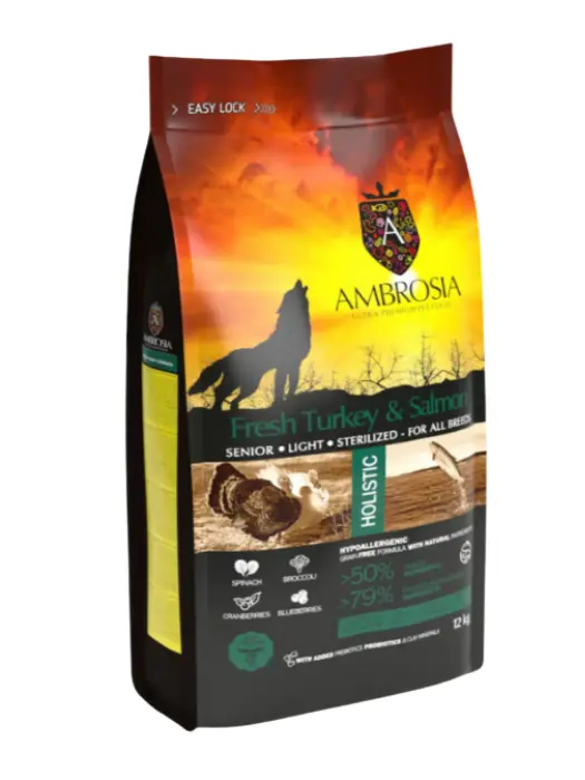 Hrana uscata pentru caini Ambrosia Senior Sterilized, Curcan proaspat si somon, hipoalergenic, fara cereale, 2kg