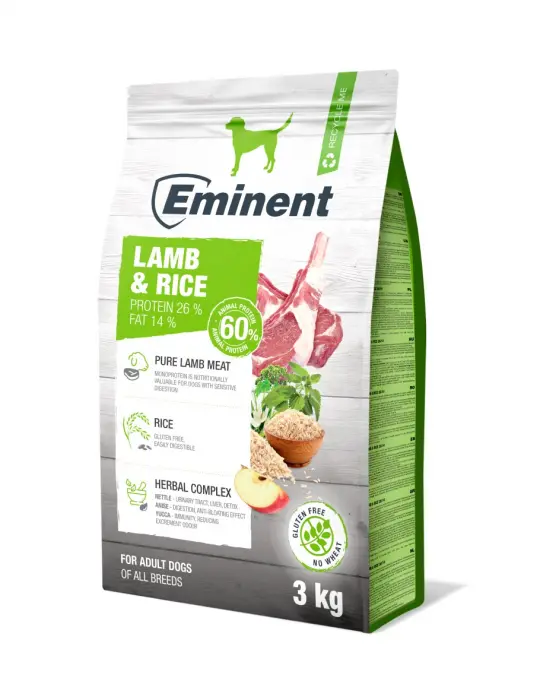 Hrana uscata pentru caini Eminent Adult, fara gluten, miel si orez, 3kg