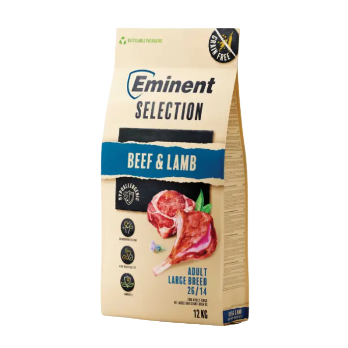 Hrana uscata pentru caini Eminent Selection Adult Large, Vita si miel, Grain free, 26 14, 12kg