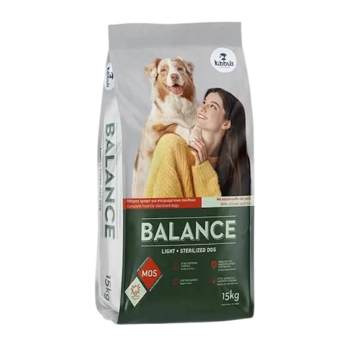 Hrana uscata pentru caini Kibbus Balance Light Sterilized, Pui si orez, 15 kg