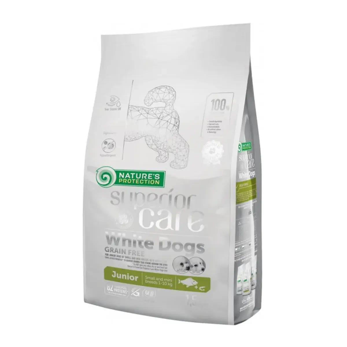 Hrana uscata pentru caini Natures Protection Superior Care White Dogs Junior, Small  Mini, Peste alb, fara cereale, 10kg