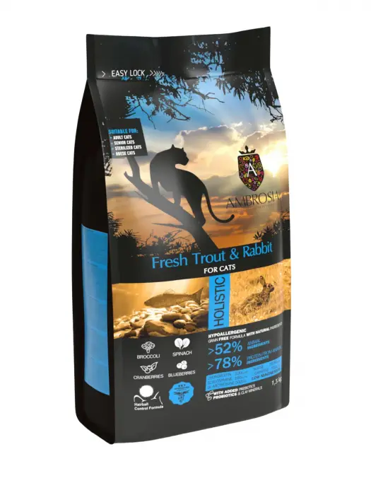 Hrana uscata pentru pisici Ambrosia Steril, Pastrav si iepure, hipoalergenic, fara cereale, 1.5kg