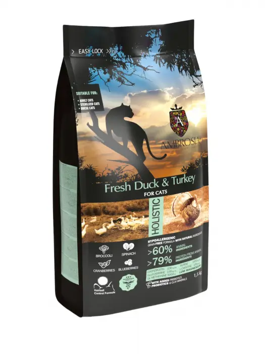 Hrana uscata pentru pisici Ambrosia Steril, Rata si curcan, hipoalergenic, fara cereale, 5kg