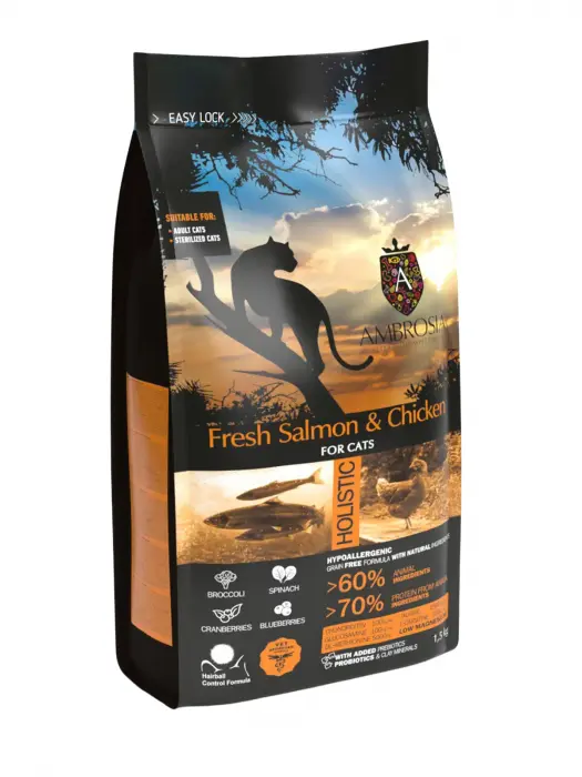 Hrana uscata pentru pisici Ambrosia Steril, Somon proaspat si pui, hipoalergenic, fara cereale, 1.5kg