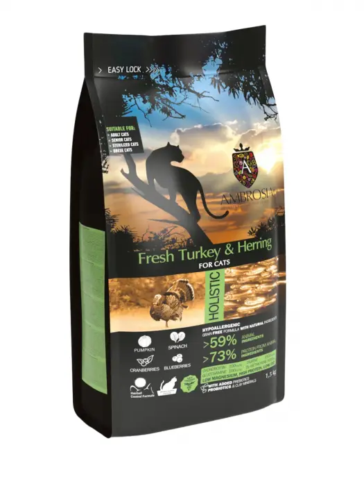Hrana uscata pentru pisici Ambrosia Steril, Curcan si hering, hipoalergenic, fara cereale, 5kg