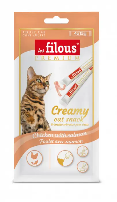Recompense cremoase pentru pisici Les Filous, Pui si somon, 4 x 15g