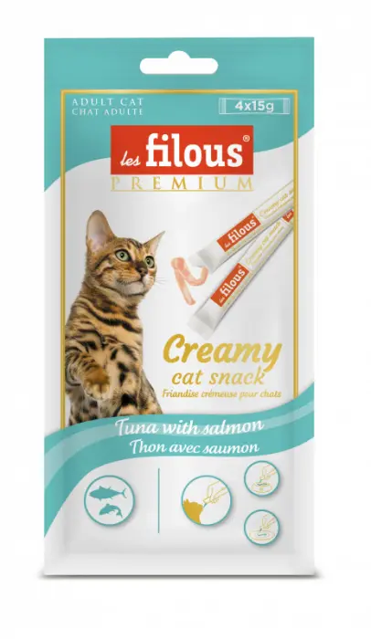 Recompense cremoase pentru pisici Les Filous, Ton si somon, 4 x 15g