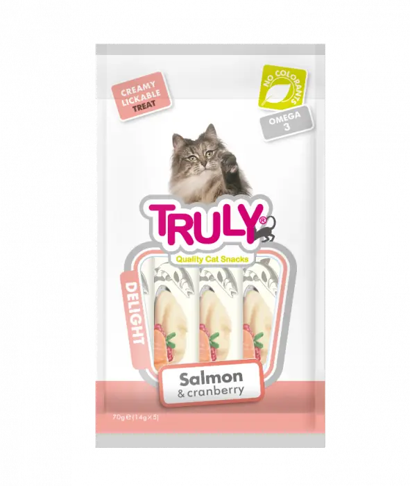 Recompense cremoase pentru pisici, Truly, somon si merisoare, 14g x 5 bucati